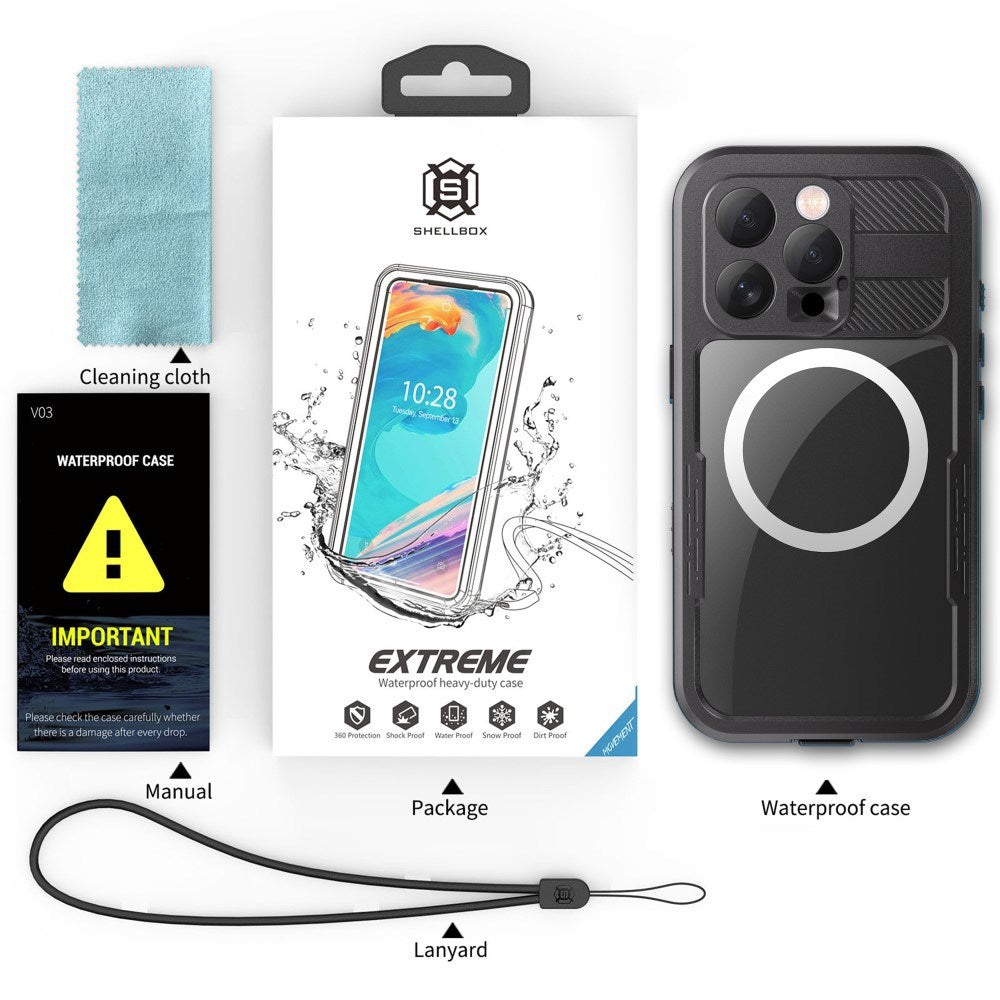 iPhone 16 Pro vanntett håndverker plastdeksel m. Skjermbeskytter og stropp - MagSafe-kompatibel - Gjennomsiktig / Svart