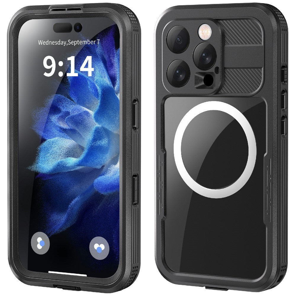 iPhone 16 Pro vanntett håndverker plastdeksel m. Skjermbeskytter og stropp - MagSafe-kompatibel - Gjennomsiktig / Svart