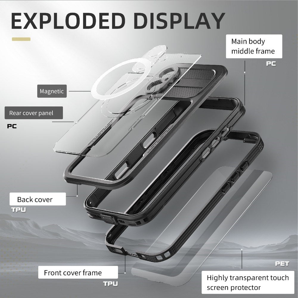 iPhone 16 Plus vanntett håndverker plastdeksel m. Skjermbeskytter og stropp - MagSafe-kompatibel - Gjennomsiktig / Svart