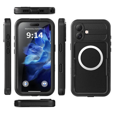 iPhone 16 Plus vanntett håndverker plastdeksel m. Skjermbeskytter og stropp - MagSafe-kompatibel - Gjennomsiktig / Svart