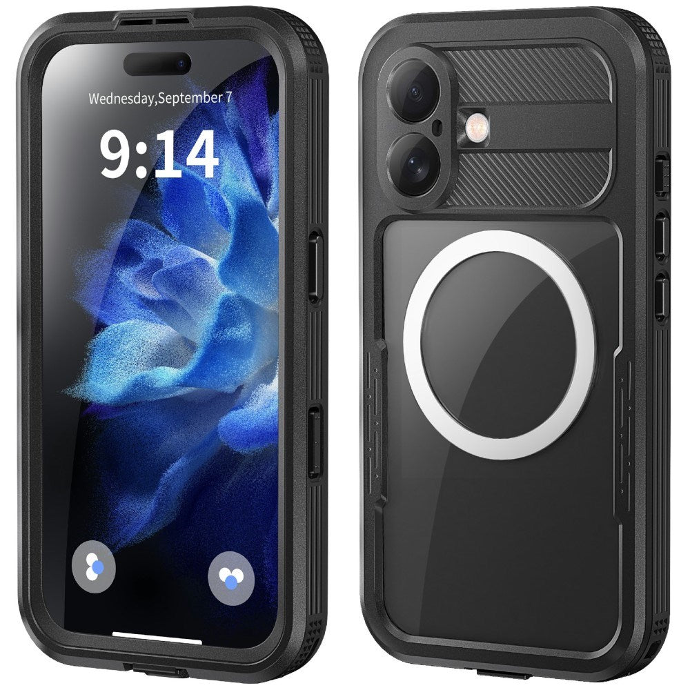 iPhone 16 vanntett håndverker plastdeksel m. Skjermbeskytter og stropp - MagSafe-kompatibel - Gjennomsiktig / Svart