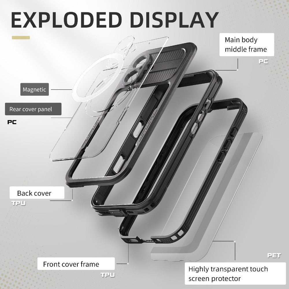 iPhone 16 vanntett håndverker plastdeksel m. Skjermbeskytter og stropp - MagSafe-kompatibel - Gjennomsiktig / Svart