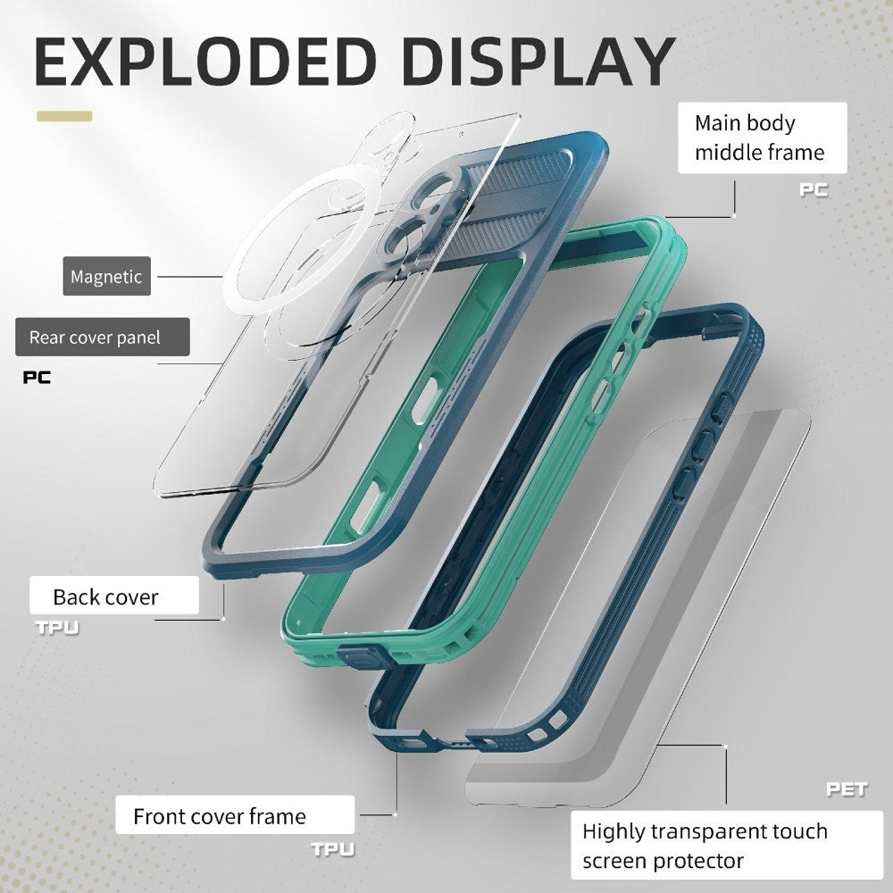 iPhone 16 vanntett håndverker plastdeksel m. Skjermbeskytter og stropp - MagSafe-kompatibel - Gjennomsiktig / Blå