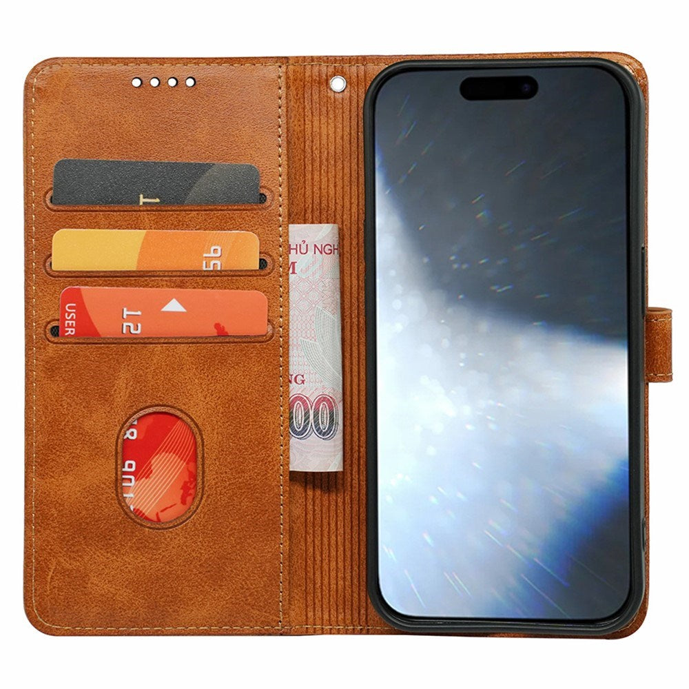 EIDERWOOD iPhone 16 Leather Flip Cover m. Stativ og lommebok - Lysebrun