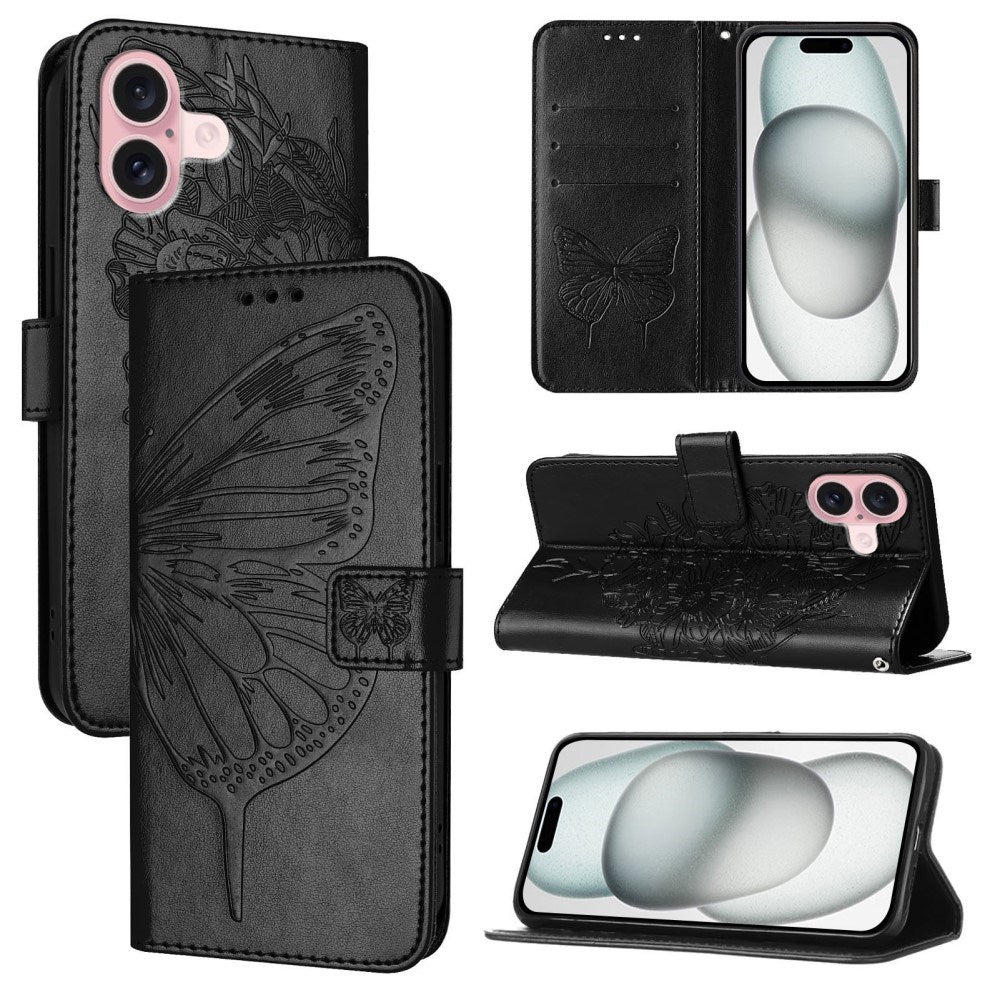 EIDERWOOD iPhone 16 Plus Læder Cover m. Kortholder - Sommerfugleaftryk - Sort
