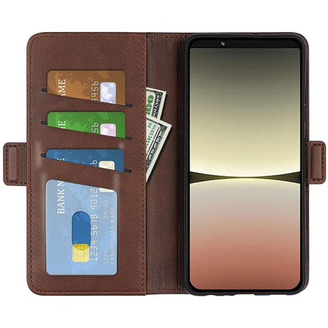 Sony Xperia 5 IV Leather Flip Cover m. Kortholder &amp; Magnetisk Åpne/Lukke funksjon - Mørkebrun