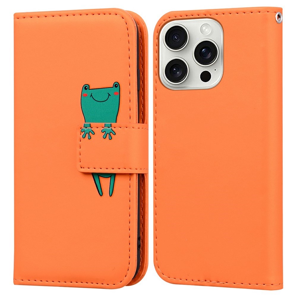 iPhone 16 Pro Kunstlæder Flip Cover m. Figur & Ståfunktion - Orange