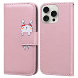 iPhone 16 Pro Kunstlæder Flip Cover m. Figur & Ståfunktion - Lyserød