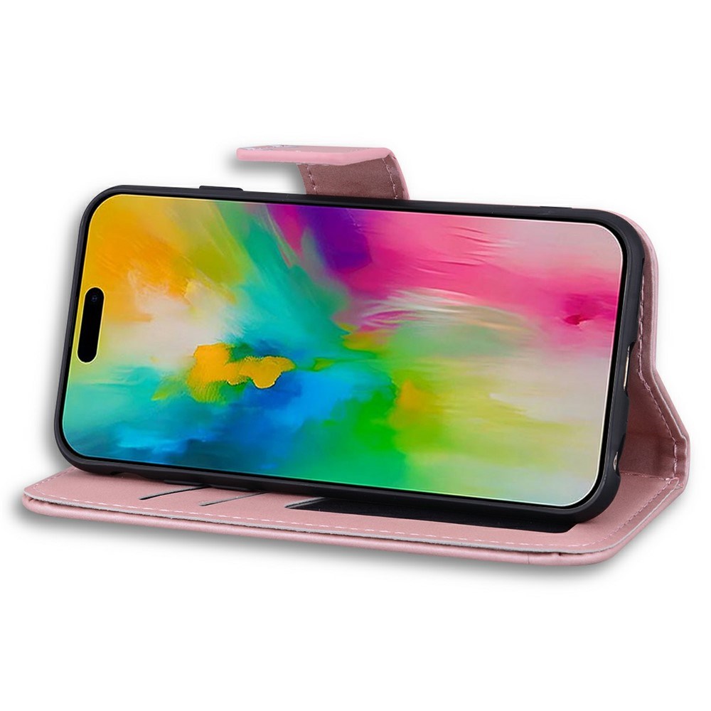 iPhone 16 Pro Kunstlæder Flip Cover m. Figur & Ståfunktion - Lyserød