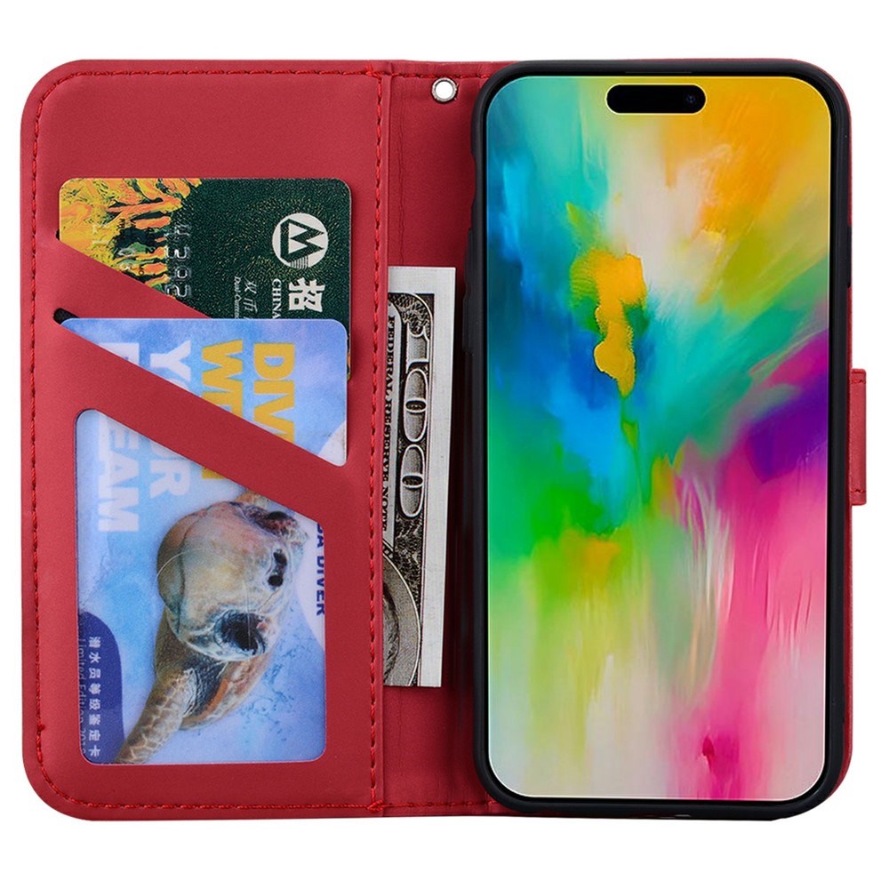 iPhone 16 Pro Kunstlæder Flip Cover m. Figur & Ståfunktion - Rød