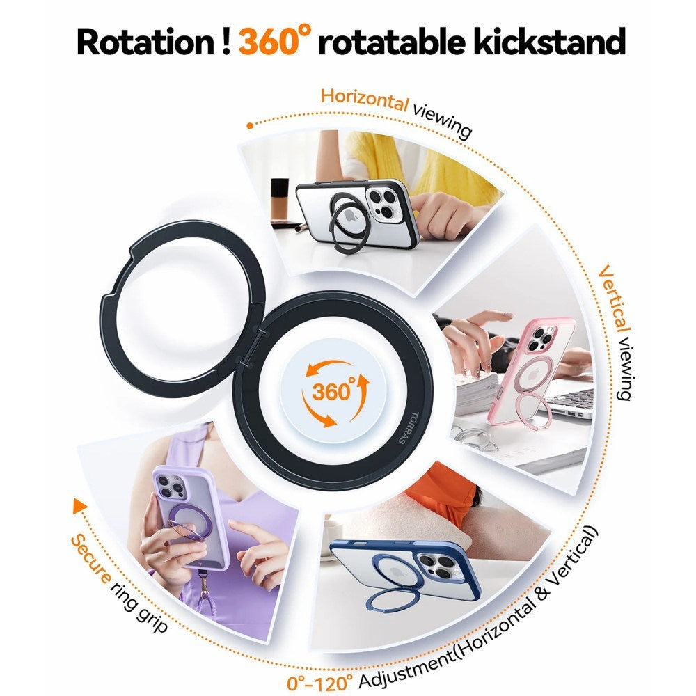 iPhone 16 Pro Torras Hybrid plastdeksel - Roterbar støttering - MagSafe-kompatibel - Rosa Lilla / Gjennomsiktig