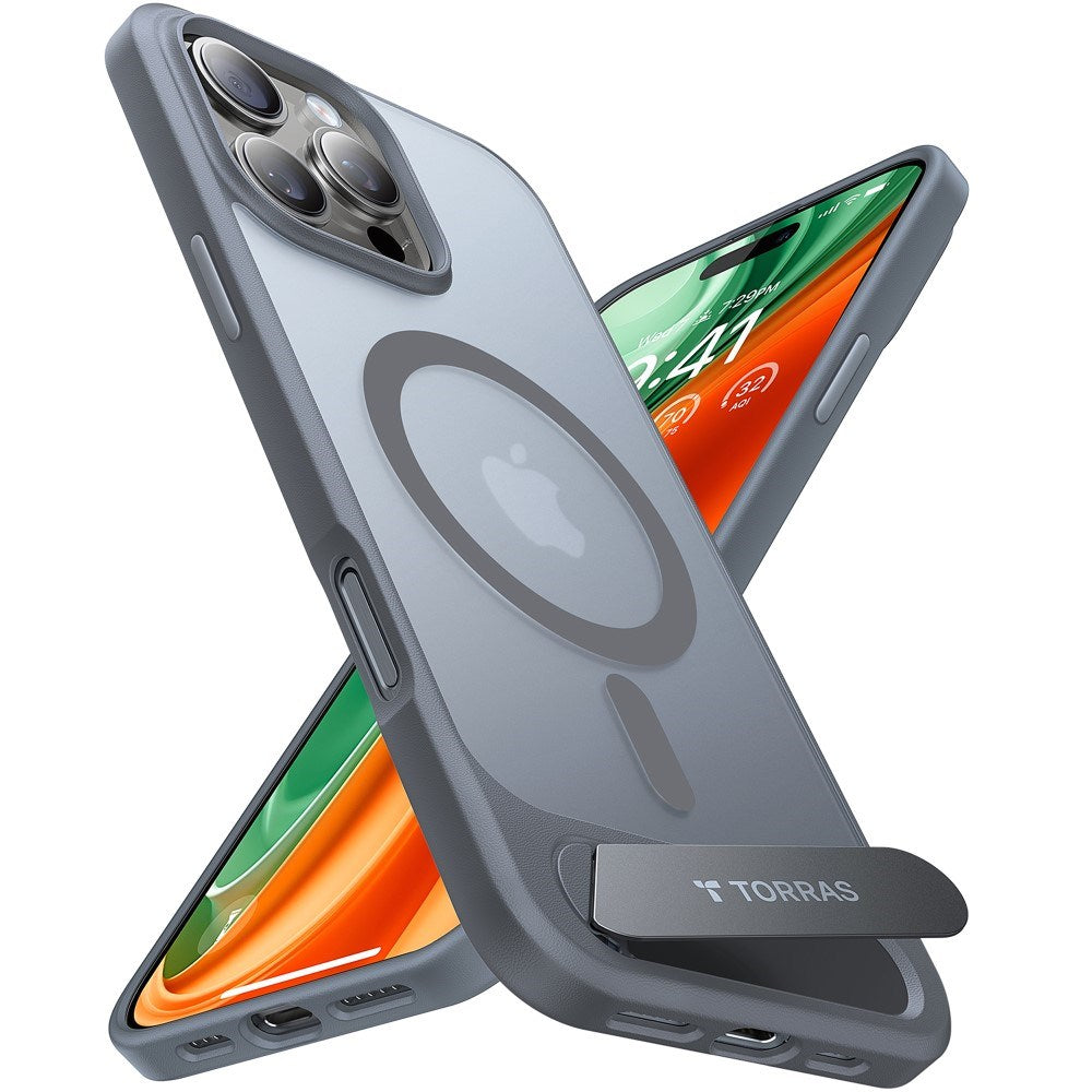 Torras iPhone 16 Pro Hybrid Bakdeksel m. Ståfunksjon - MagSafe-kompatibel - Grå