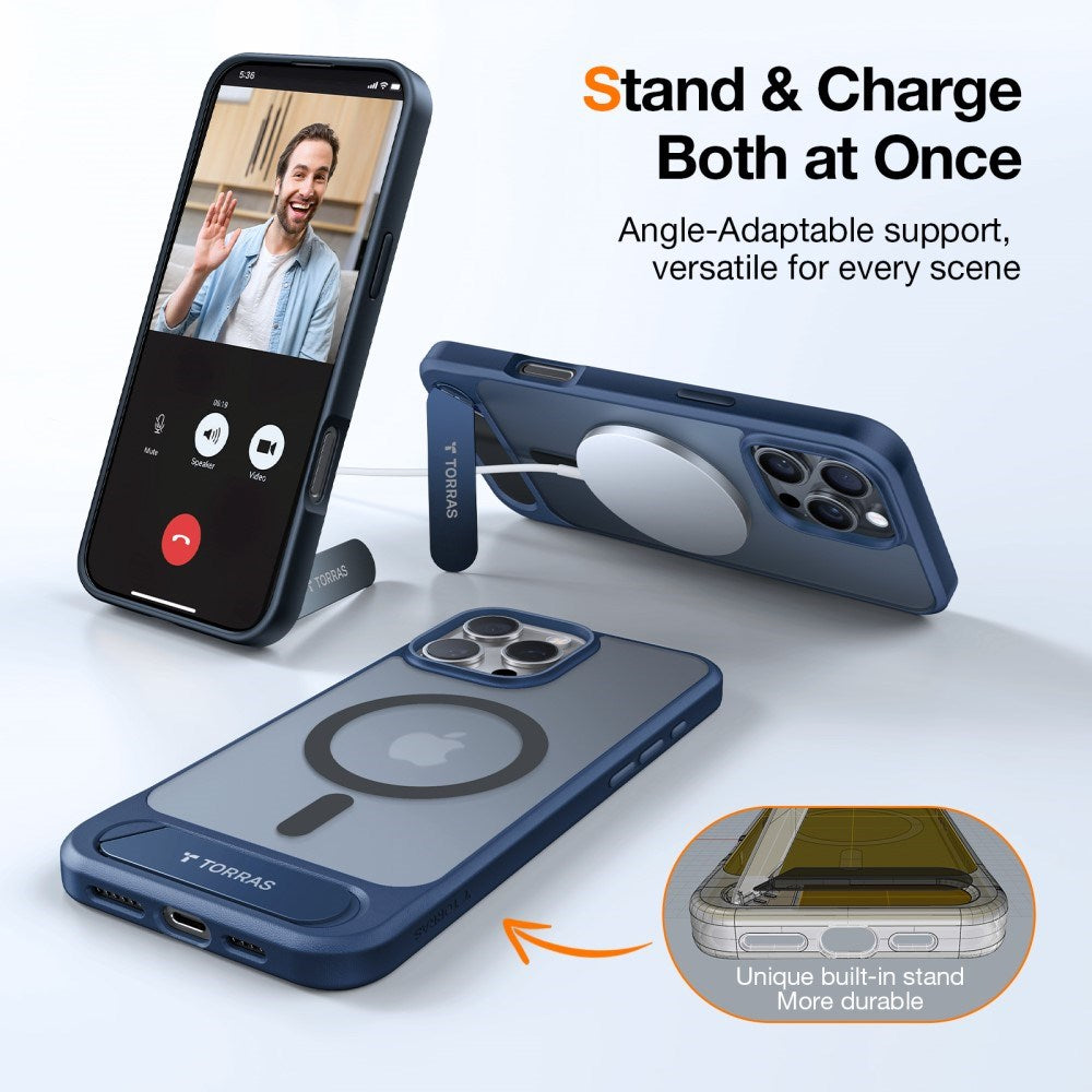 Torras iPhone 16 Pro Hybrid Bakdeksel m. Ståfunksjon - MagSafe-kompatibel - Blå