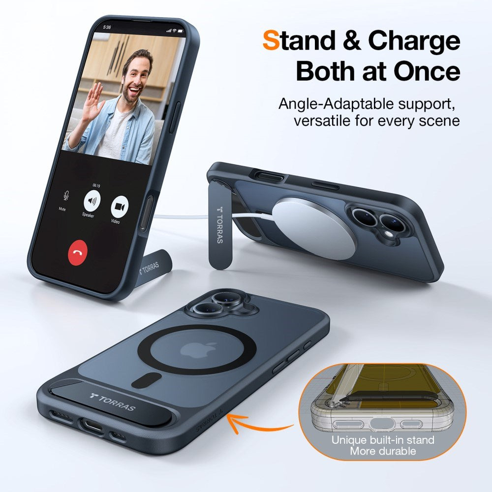 Torras iPhone 16 Hybrid Bakdeksel m. Ståfunksjon - MagSafe-kompatibel - Svart
