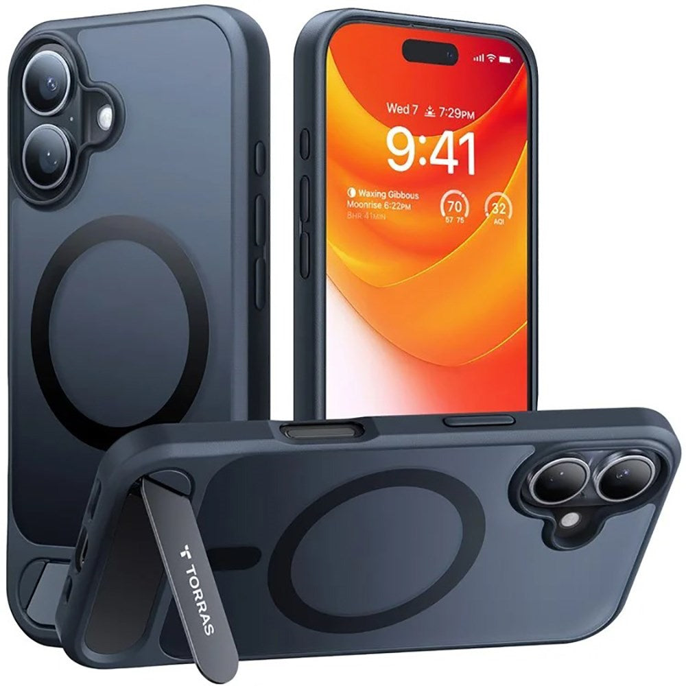 Torras iPhone 16 Hybrid Bakdeksel m. Ståfunksjon - MagSafe-kompatibel - Svart