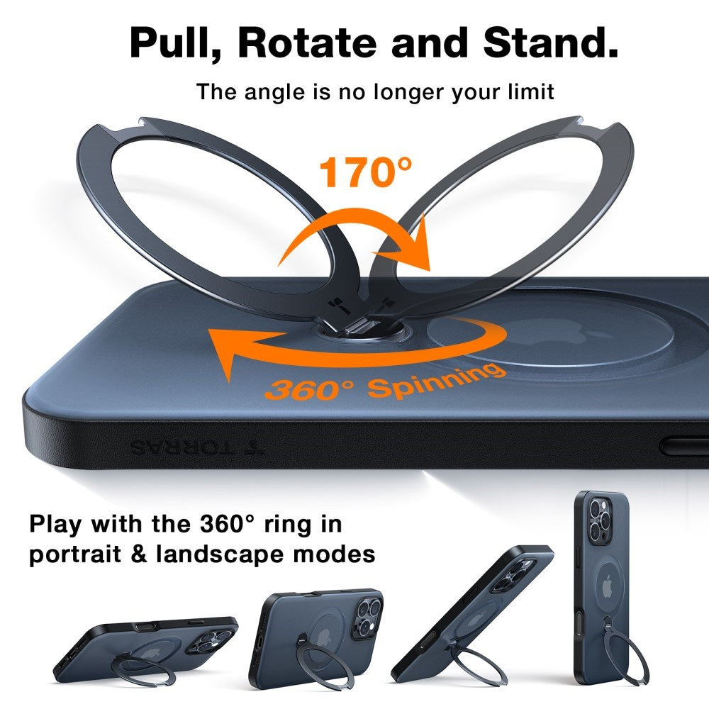 iPhone 16 Pro Torras fleksibelt plastdeksel med justerbart ringstativ - svart