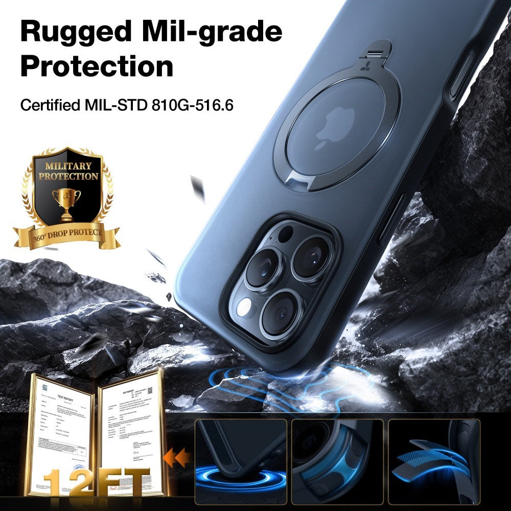 iPhone 16 Pro Torras fleksibelt plastdeksel med justerbart ringstativ - svart