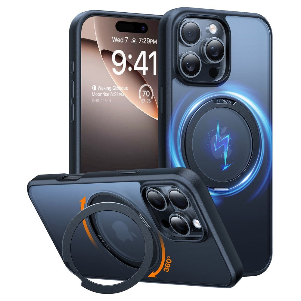 iPhone 16 Pro Max Torras fleksibelt plastdeksel med justerbart ringstativ - MagSafe-kompatibel - svart / gjennomsiktig