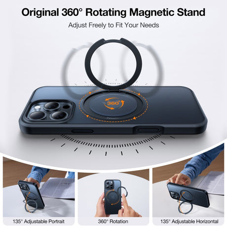 iPhone 16 Pro Max Torras fleksibelt plastdeksel med justerbart ringstativ - MagSafe-kompatibel - svart / gjennomsiktig