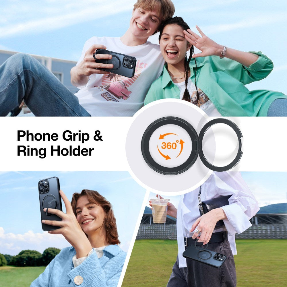 iPhone 16 Pro Max Torras fleksibelt plastdeksel med justerbart ringstativ - MagSafe-kompatibel - svart / gjennomsiktig