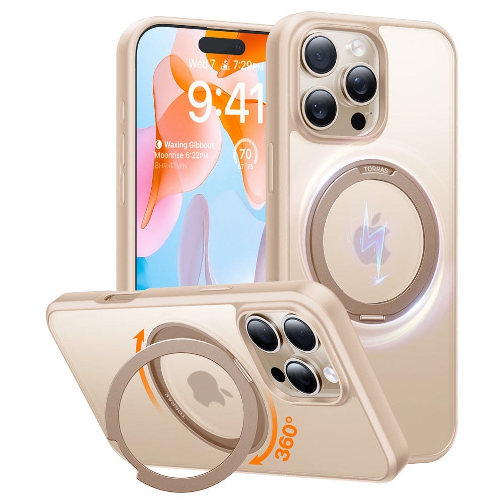 iPhone 16 Pro Max Torras fleksibelt plastdeksel med justerbart ringstativ - MagSafe-kompatibel - Gull / Gjennomsiktig