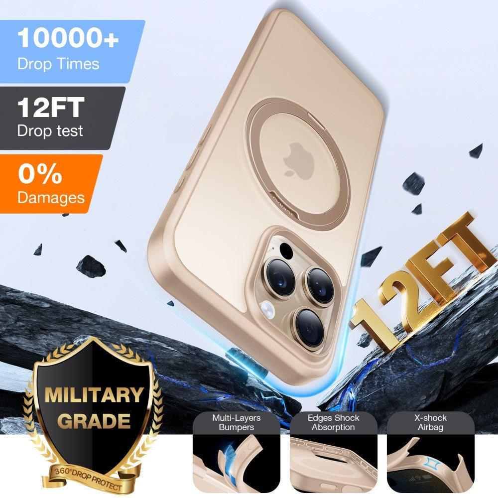 iPhone 16 Pro Max Torras fleksibelt plastdeksel med justerbart ringstativ - MagSafe-kompatibel - Gull / Gjennomsiktig