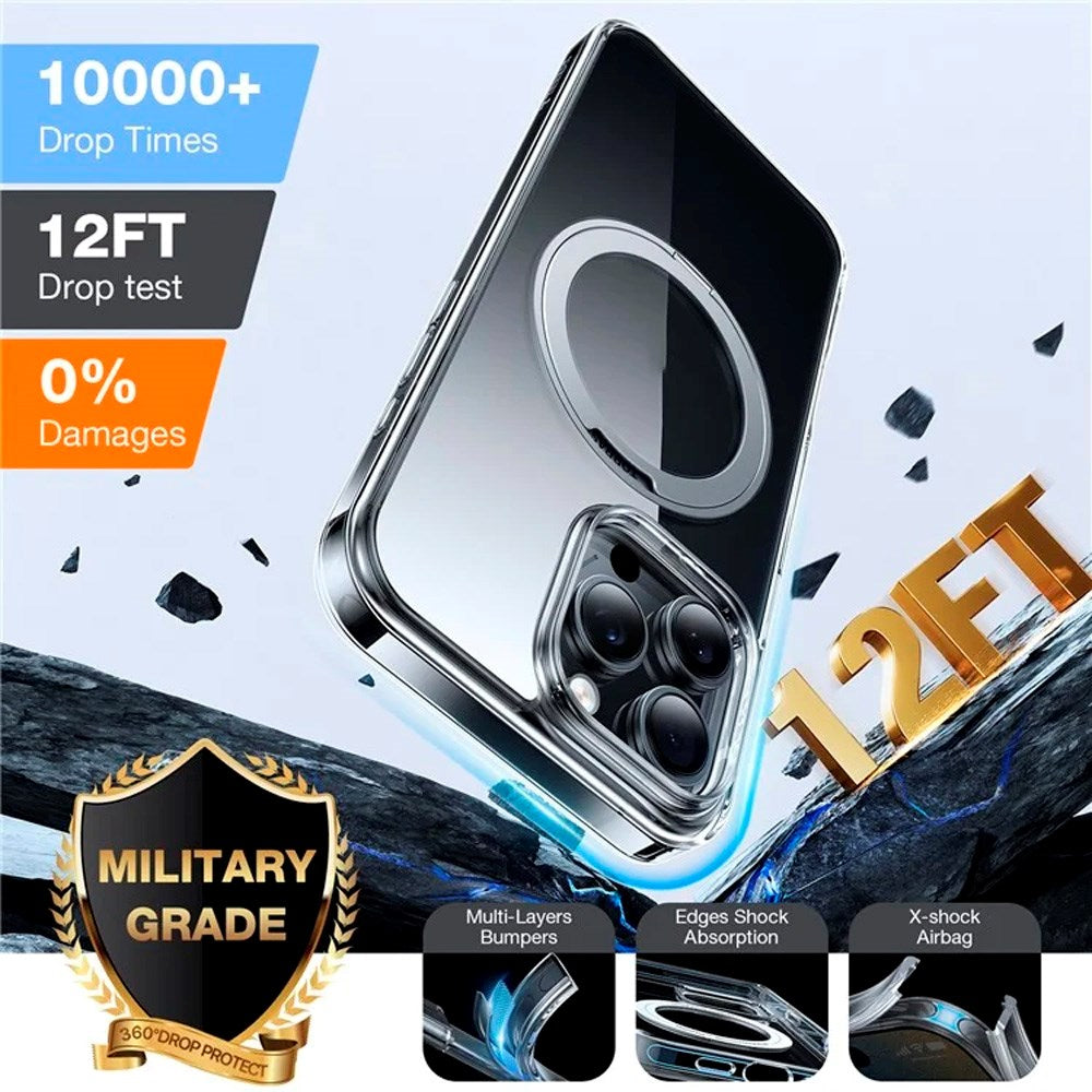 iPhone 16 Pro Max Torras fleksibelt plastdeksel med justerbart ringstativ - MagSafe-kompatibel - Gjennomsiktig