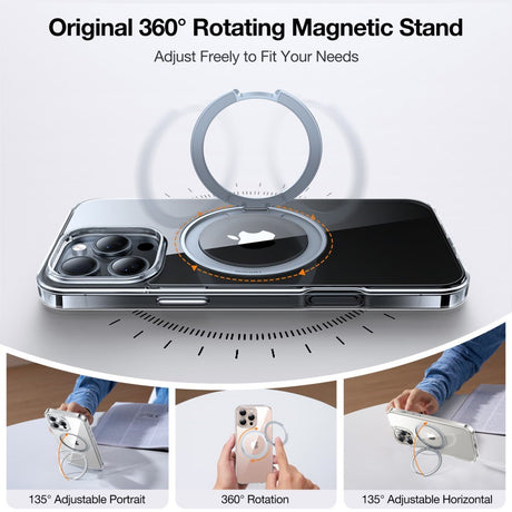 iPhone 16 Pro Max Torras fleksibelt plastdeksel med justerbart ringstativ - MagSafe-kompatibel - Gjennomsiktig