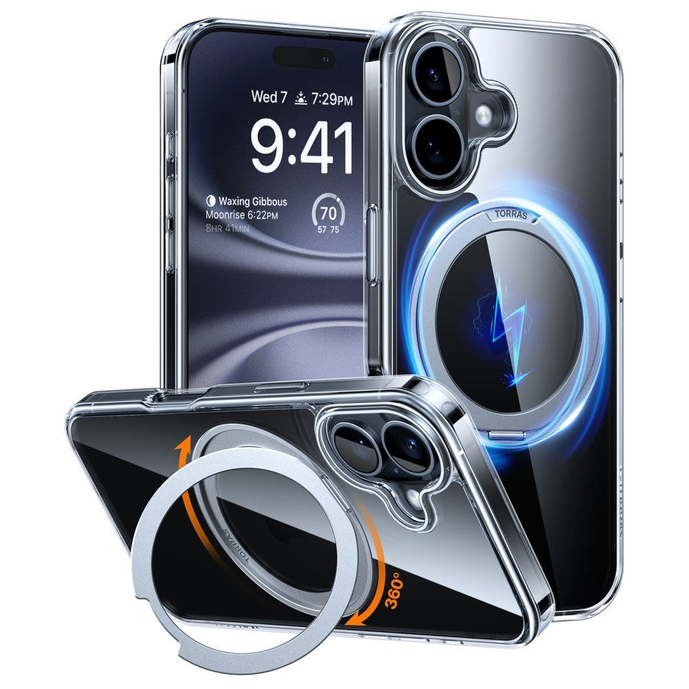 Torras iPhone 16 fleksibelt plastdeksel med justerbart ringstativ - Gjennomsiktig