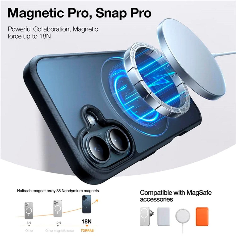 iPhone 16 Torras fleksibelt plastdeksel med justerbart ringstativ - MagSafe-kompatibel - svart / gjennomsiktig