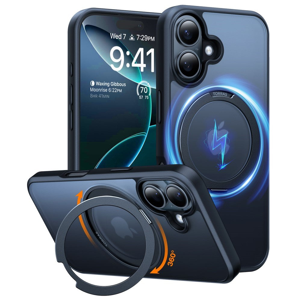 iPhone 16 Torras fleksibelt plastdeksel med justerbart ringstativ - MagSafe-kompatibel - svart / gjennomsiktig