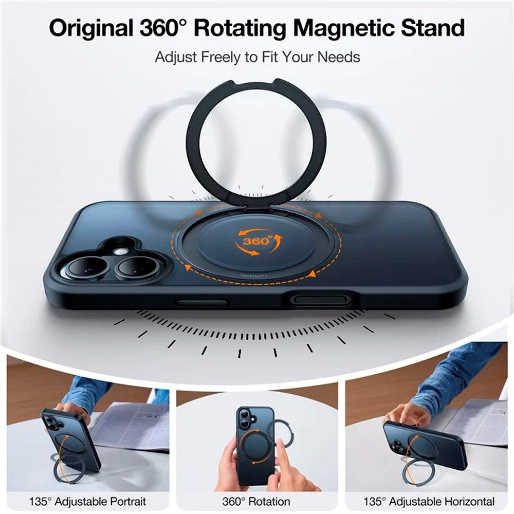 iPhone 16 Torras fleksibelt plastdeksel med justerbart ringstativ - MagSafe-kompatibel - svart / gjennomsiktig