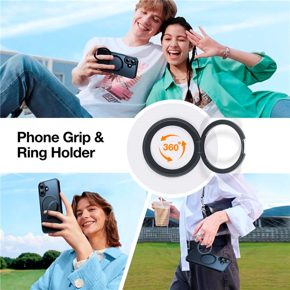 iPhone 16 Torras fleksibelt plastdeksel med justerbart ringstativ - MagSafe-kompatibel - svart / gjennomsiktig