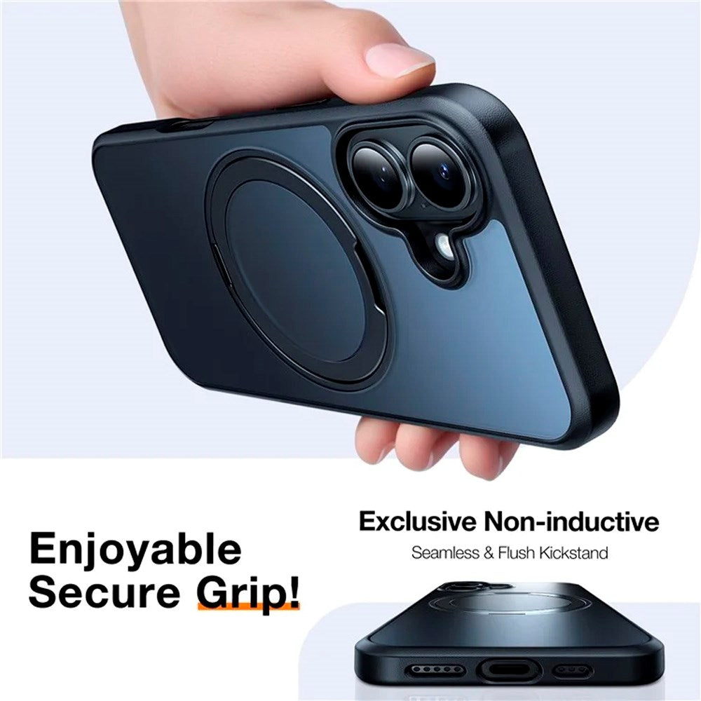 iPhone 16 Torras fleksibelt plastdeksel med justerbart ringstativ - MagSafe-kompatibel - svart / gjennomsiktig