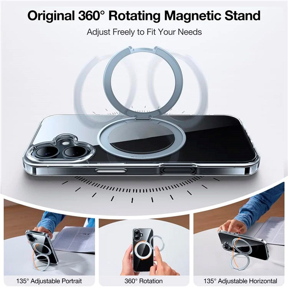 Torras iPhone 16 fleksibelt plastdeksel med justerbart ringstativ - sølv