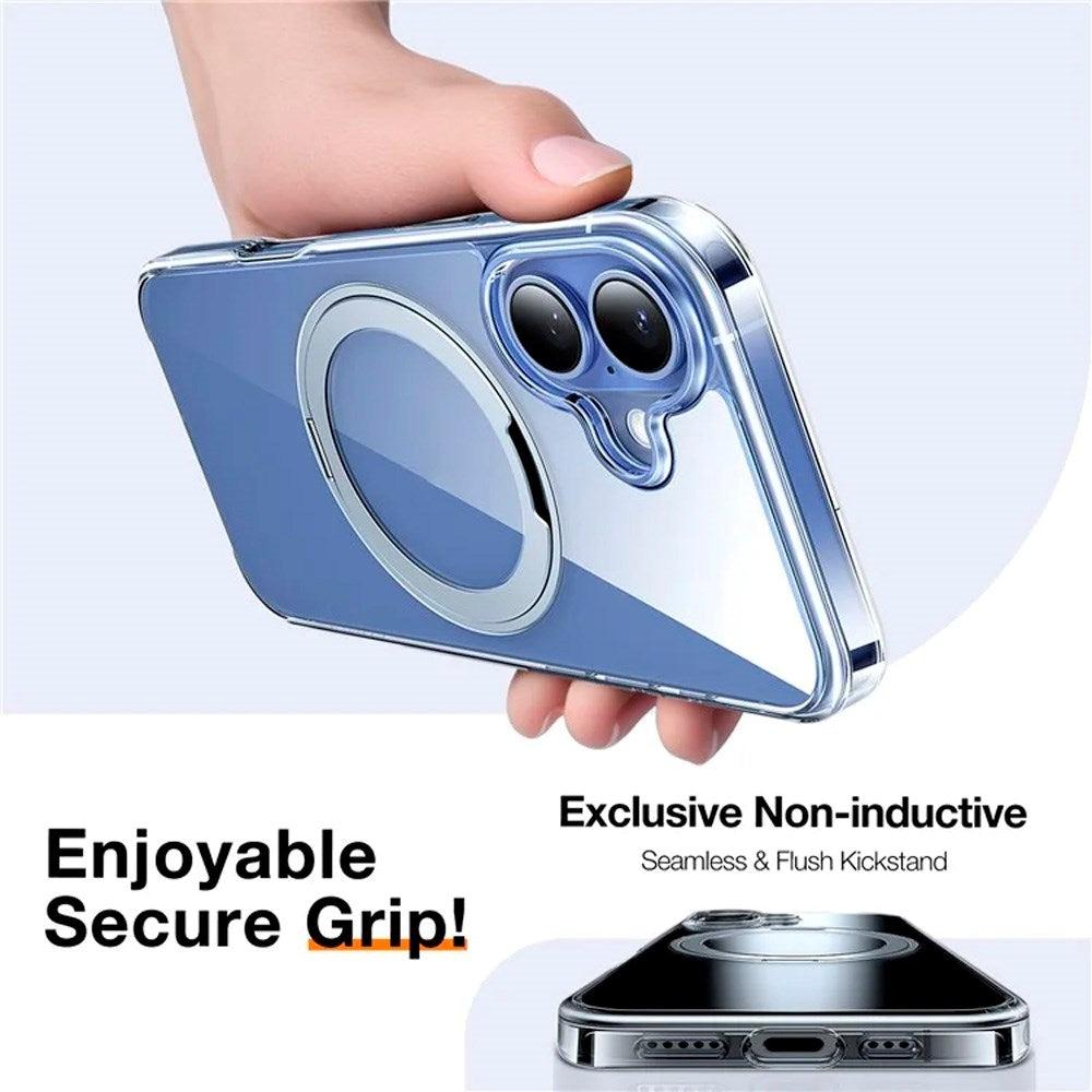 Torras iPhone 16 fleksibelt plastdeksel med justerbart ringstativ - sølv