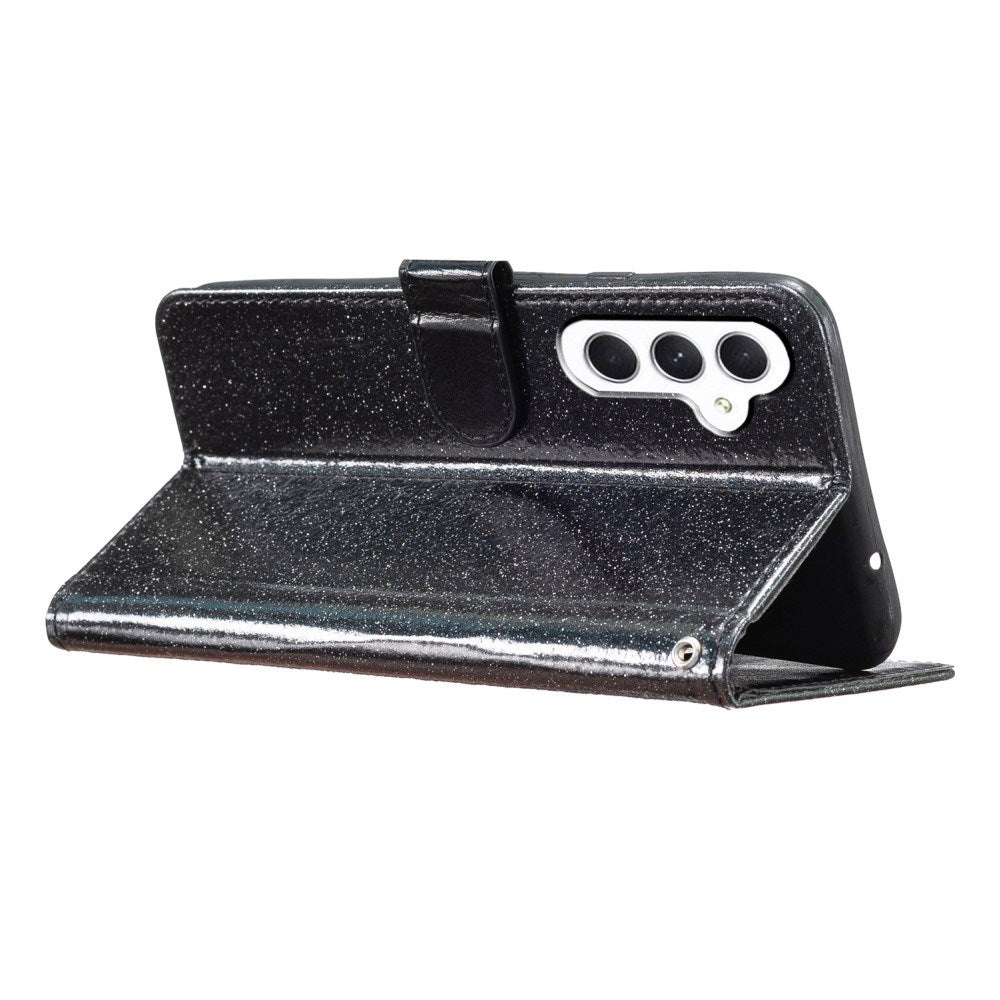 EIDERWOOD Samsung Galaxy A36 (5G) Flip-deksel i lær m. Lommebok og stropp - Glitter - Svart