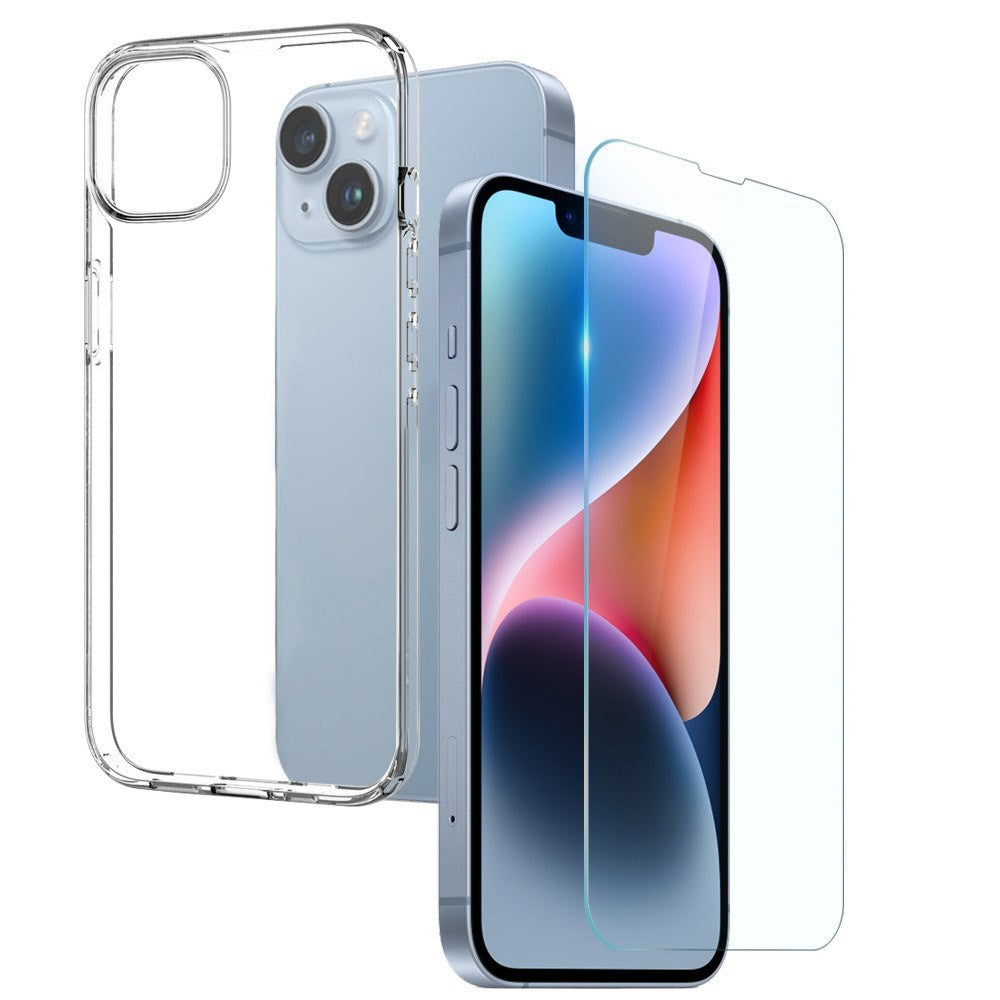iPhone 14 NORTHJO Beskyttelsessæt - Fleksibelt Plastik Bagside Cover & Skærmbeskyttelsesglas - Gennemsigtig