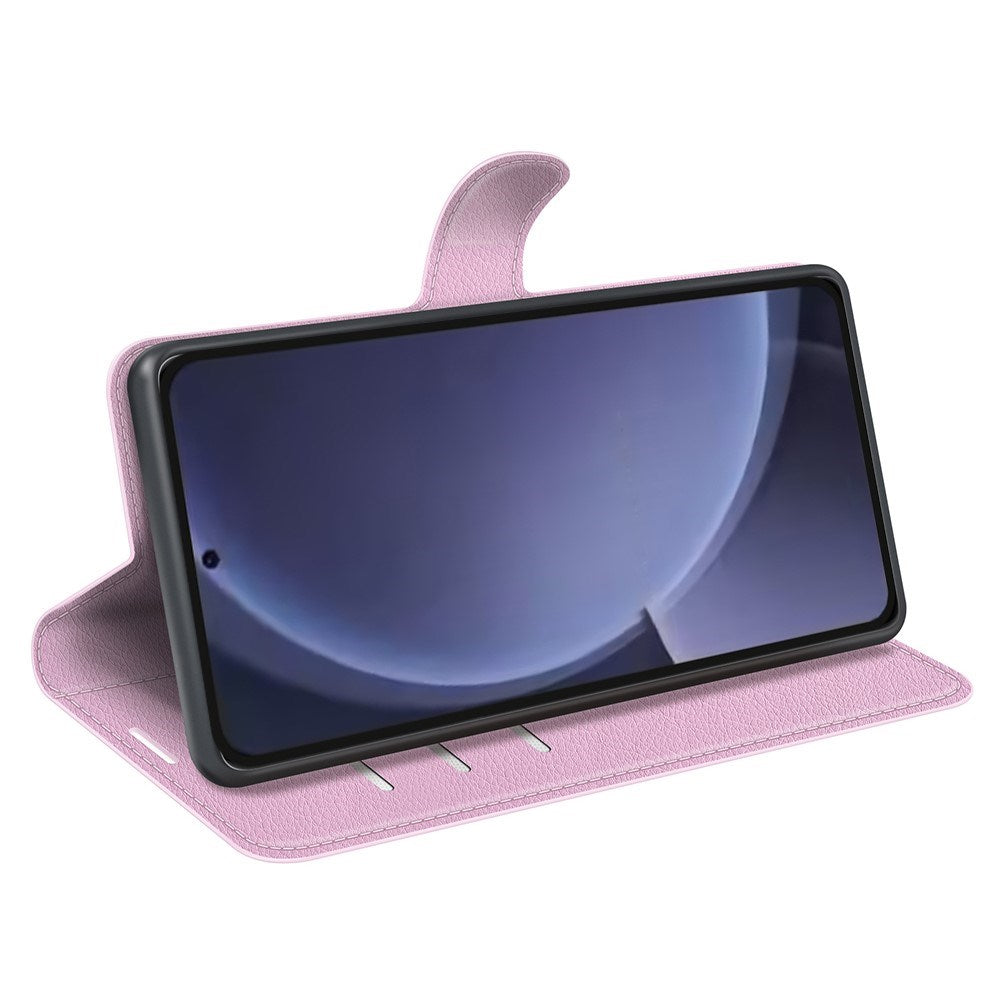 EIDERWOOD Samsung Galaxy S25+ (Plus) Støtsikkert lommebokdeksel i lær med Litchi-tekstur - Rosa