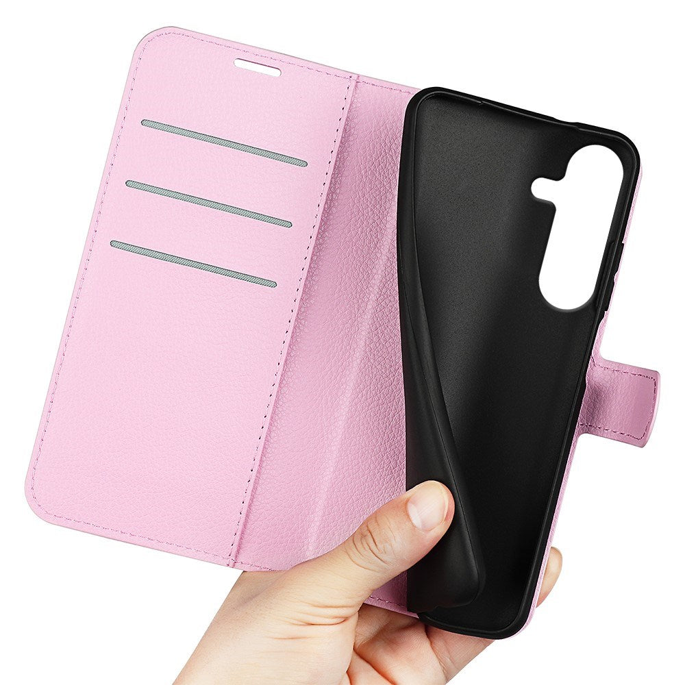 EIDERWOOD Samsung Galaxy S25+ (Plus) Støtsikkert lommebokdeksel i lær med Litchi-tekstur - Rosa