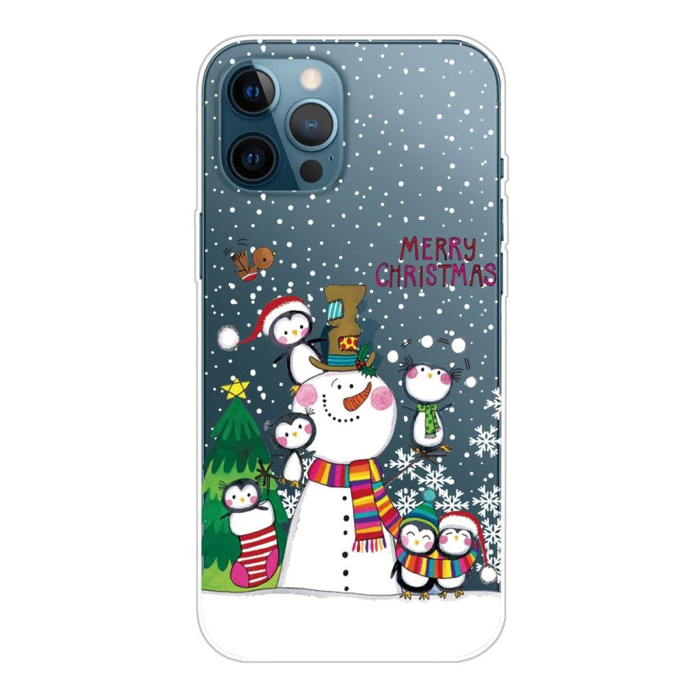 iPhone 14 Pro fleksibelt plast julebakdeksel - Penguin Family with Snowman