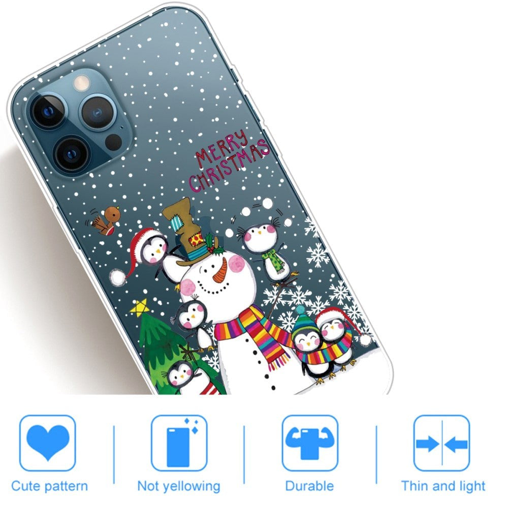 iPhone 14 Pro fleksibelt plast julebakdeksel - Penguin Family with Snowman