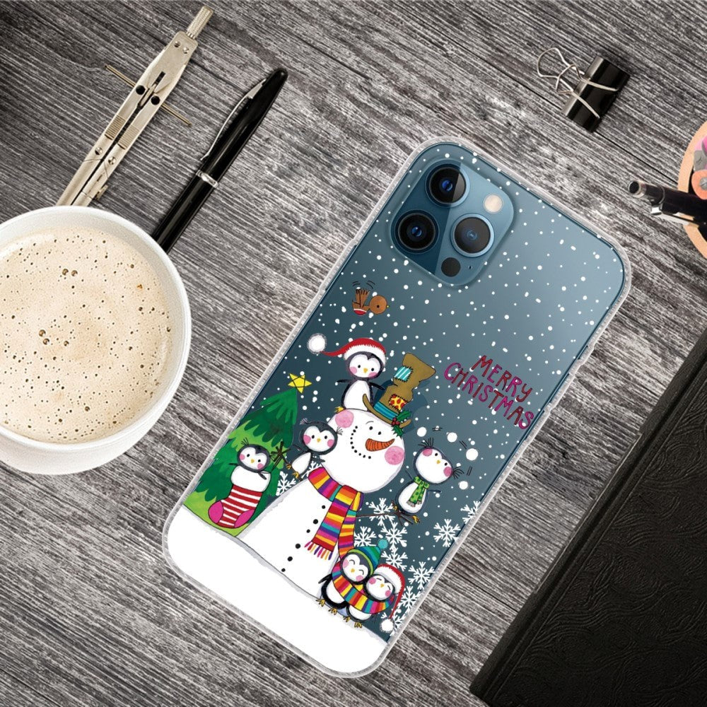 iPhone 14 Pro fleksibelt plast julebakdeksel - Penguin Family with Snowman