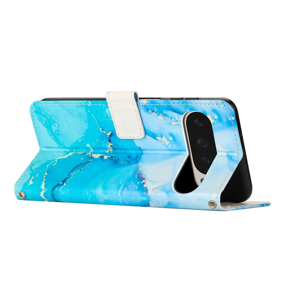 Google Pixel 10 Pro XL / 9 Pro XL - EIDERWOOD Marmormønstret Kunstlæder Flip Cover m. Strop - Blå