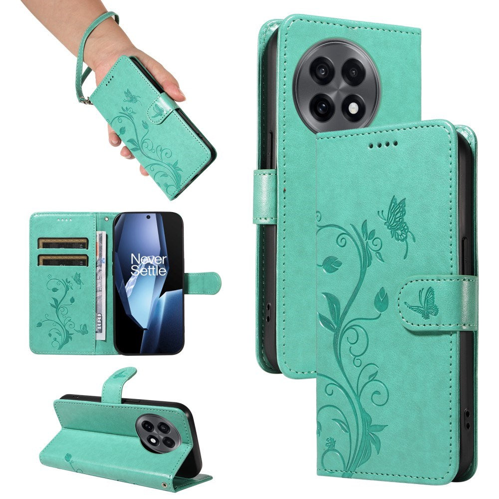 EIDERWOOD OnePlus 13R Flipcover med Indgraveret Motiv - inkl. Kortholder - Ståfunktion - Håndledsrem - Grøn