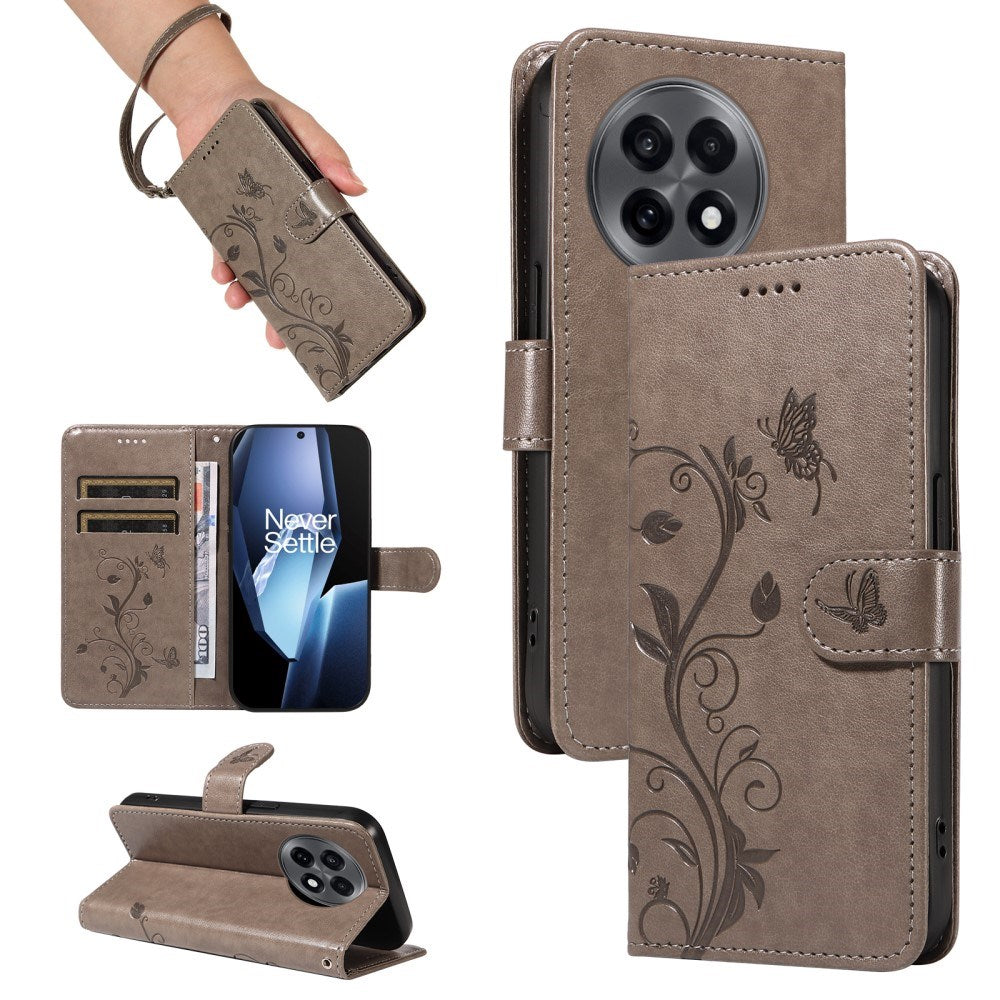 EIDERWOOD OnePlus 13R Flipcover med Indgraveret Motiv - inkl. Kortholder - Ståfunktion - Håndledsrem - Grå