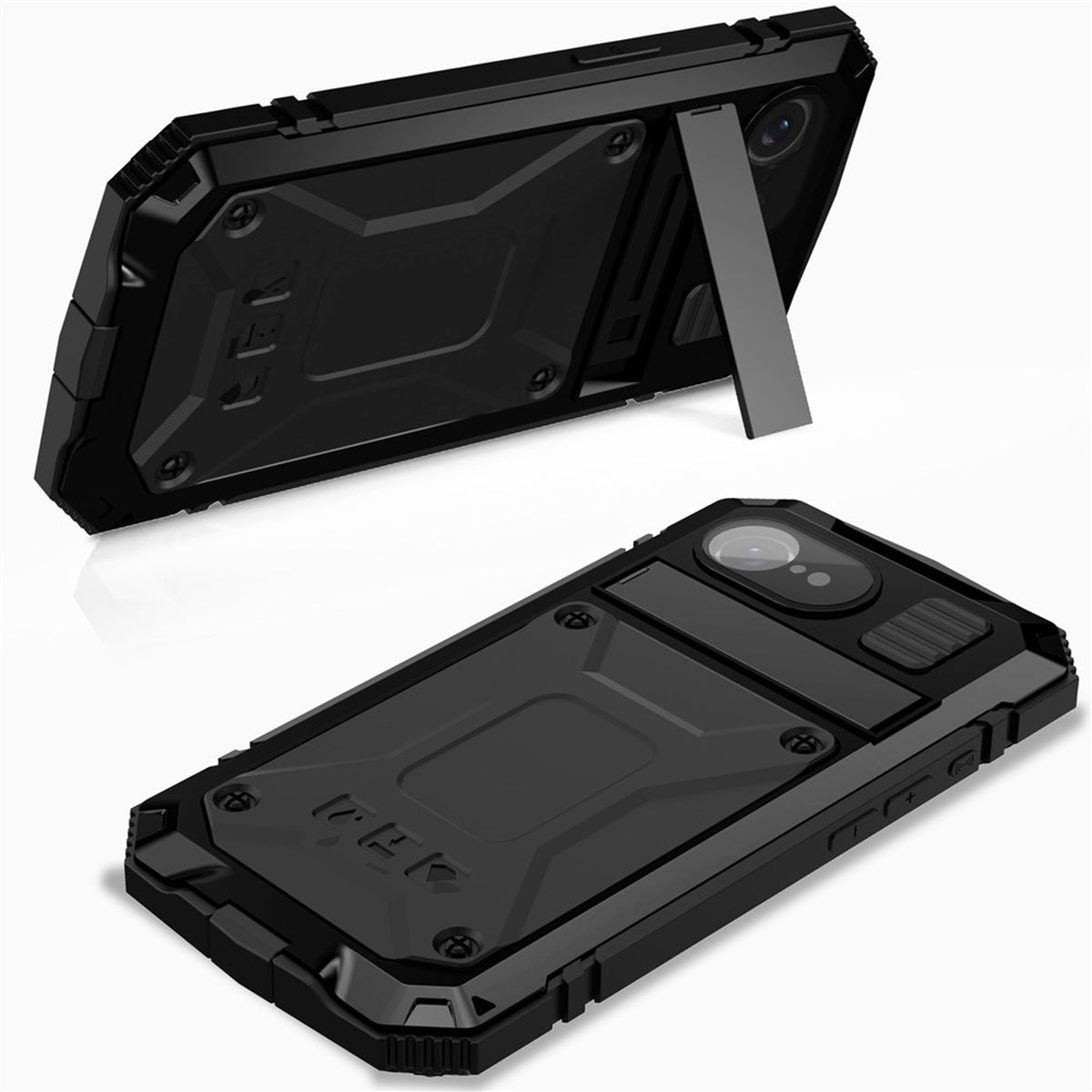 iPhone 17e / 16e R-JUST Hybrid Bagside Cover m. Indbygget Skærmbeskyttelse & Kickstand - Sort