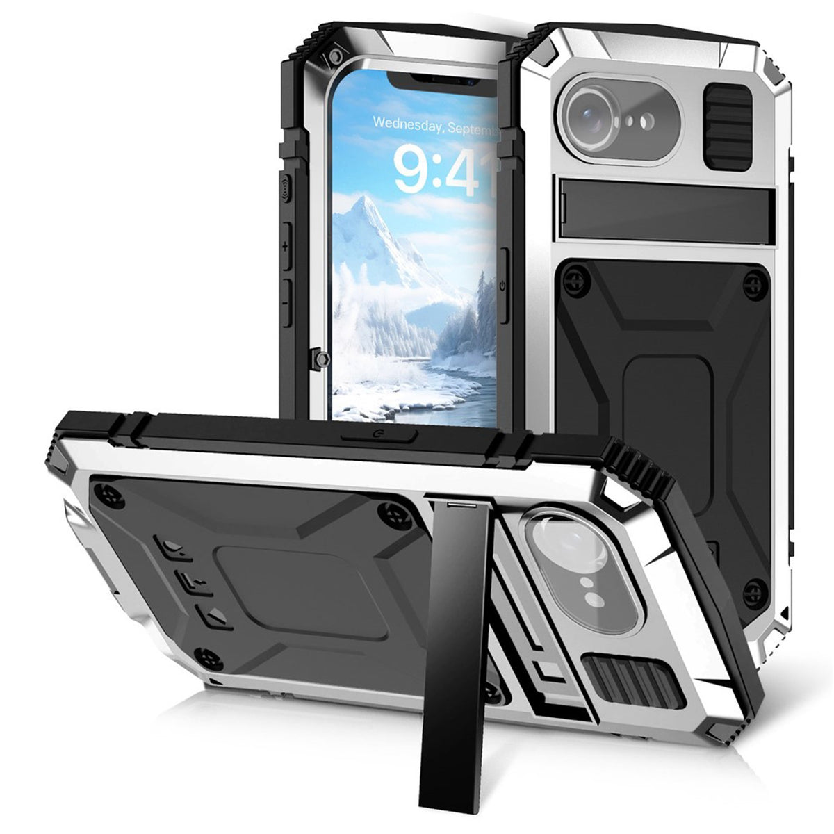 iPhone 17e / 16e R-JUST Hybrid Bagside Cover m. Indbygget Skærmbeskyttelse & Kickstand - Sølv