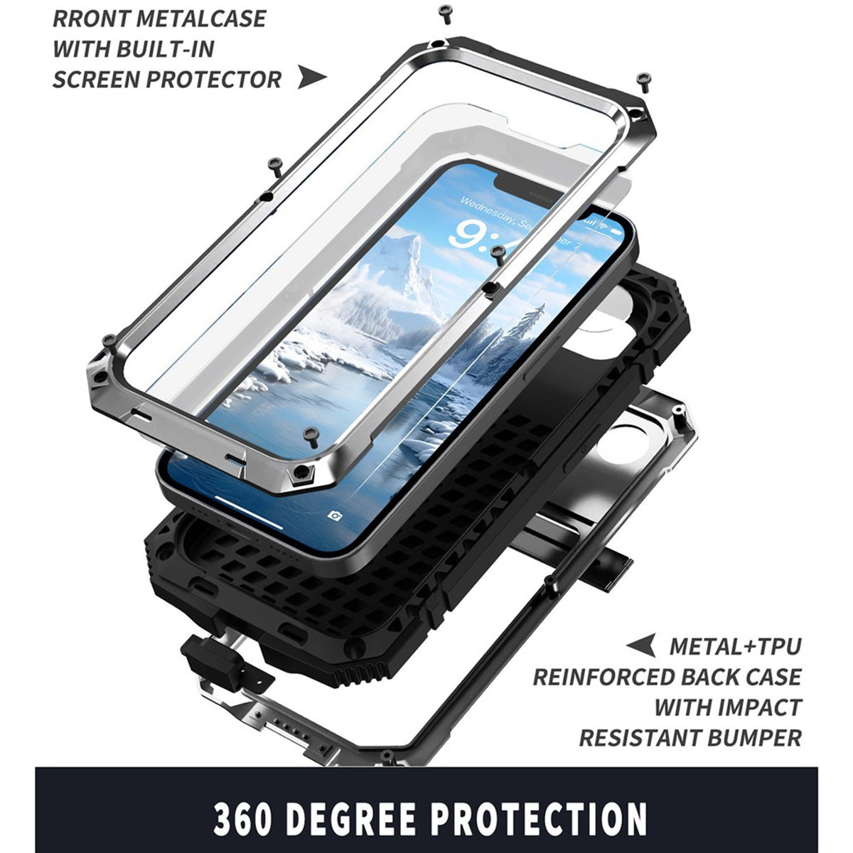 iPhone 17e / 16e R-JUST Hybrid Bagside Cover m. Indbygget Skærmbeskyttelse & Kickstand - Sølv