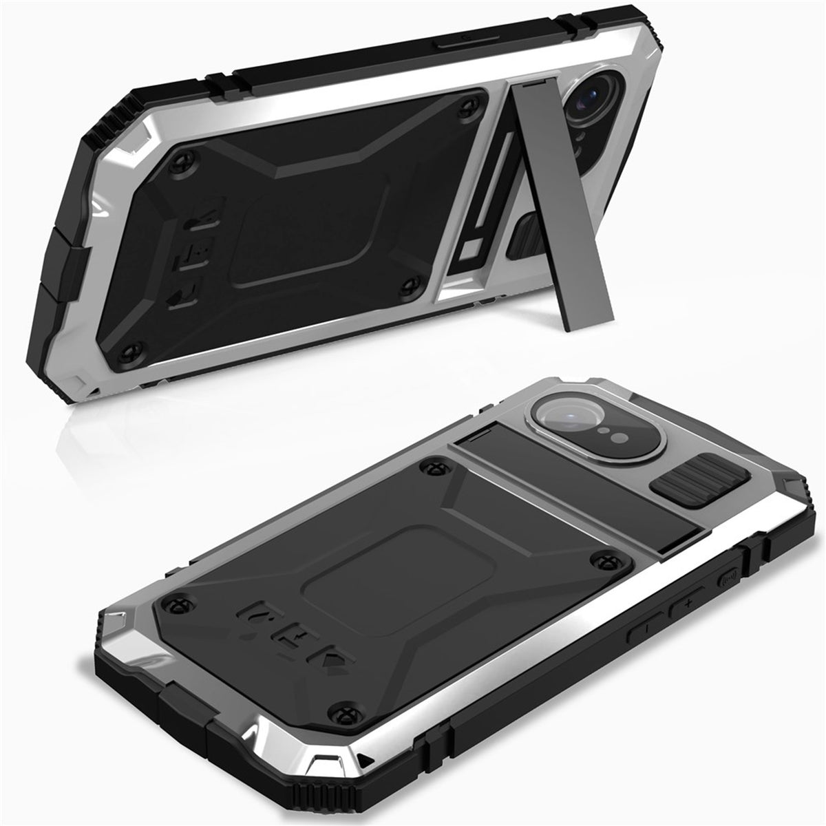 iPhone 17e / 16e R-JUST Hybrid Bagside Cover m. Indbygget Skærmbeskyttelse & Kickstand - Sølv